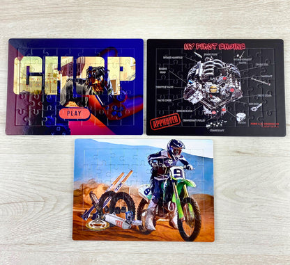 Set of 3 Tray Jigsaw Puzzles - Dirt Bike, Car Engine, GTAV Chop.