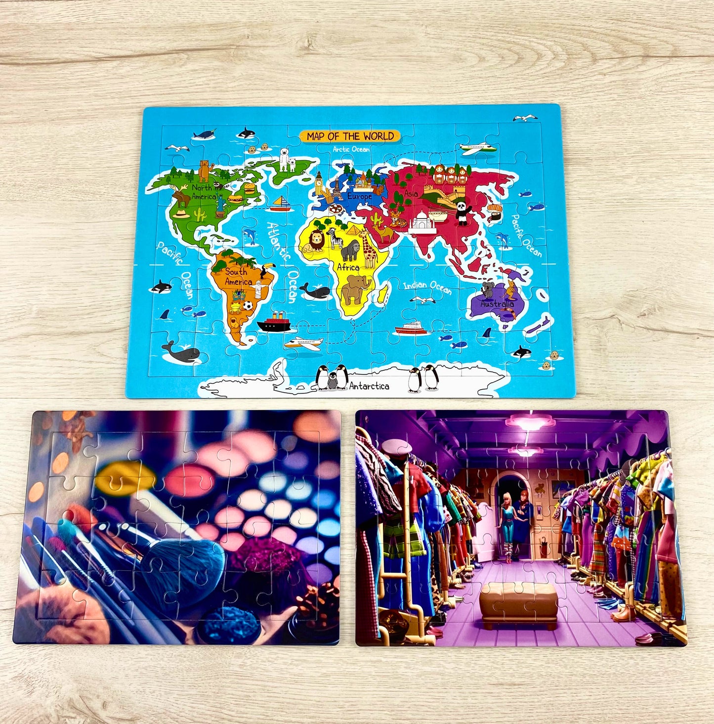 Set of 3 Tray Jigsaw Puzzles - World Map, Girls Cosmetics, Barbie Clothing Room.