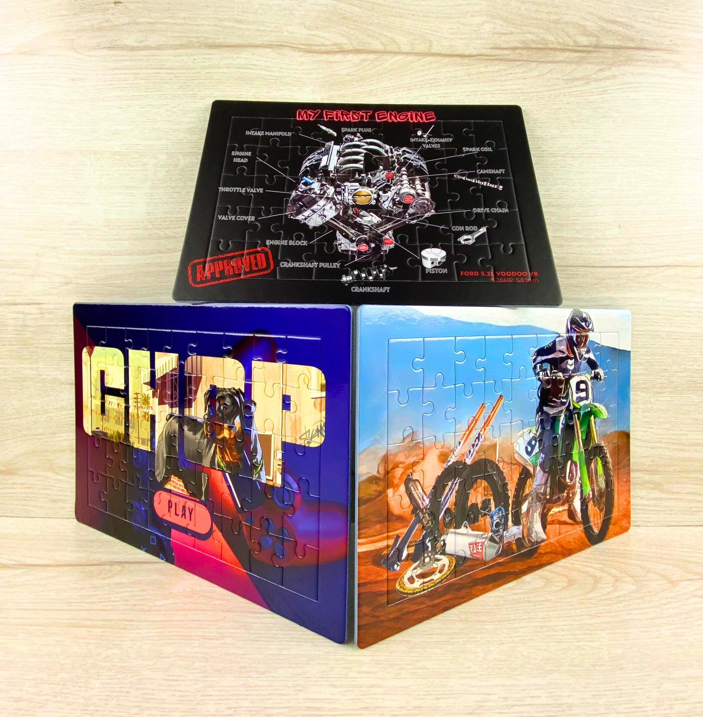 Set of 3 Tray Jigsaw Puzzles - Dirt Bike, Car Engine, GTAV Chop.