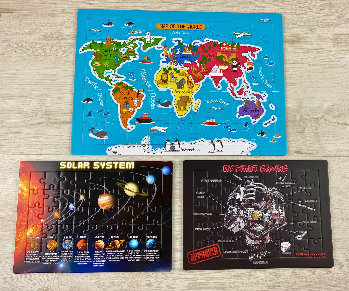 Set of 3 Tray Jigsaw Puzzles - World Map, Car Engine, Solar System.