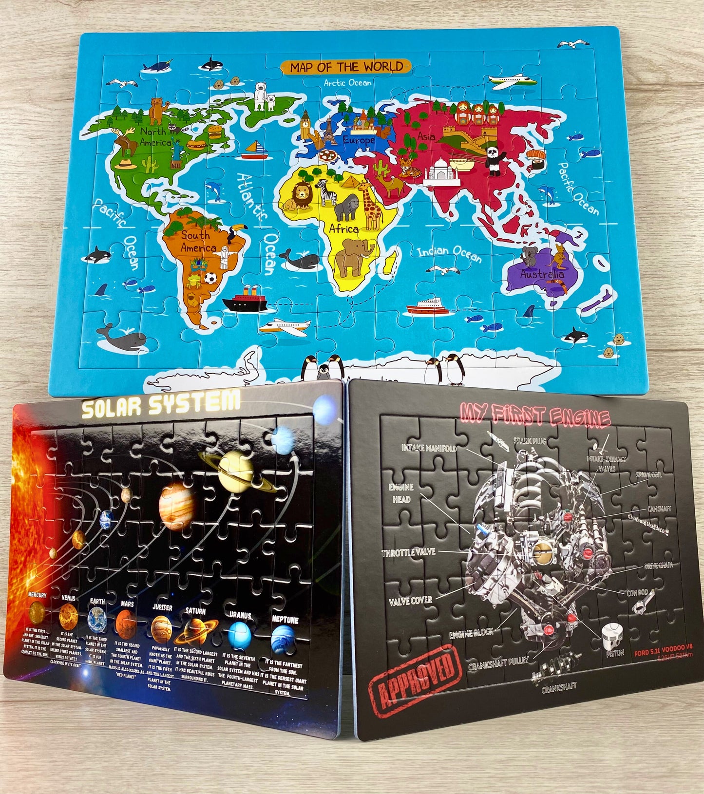 Set of 3 Tray Jigsaw Puzzles - World Map, Car Engine, Solar System.