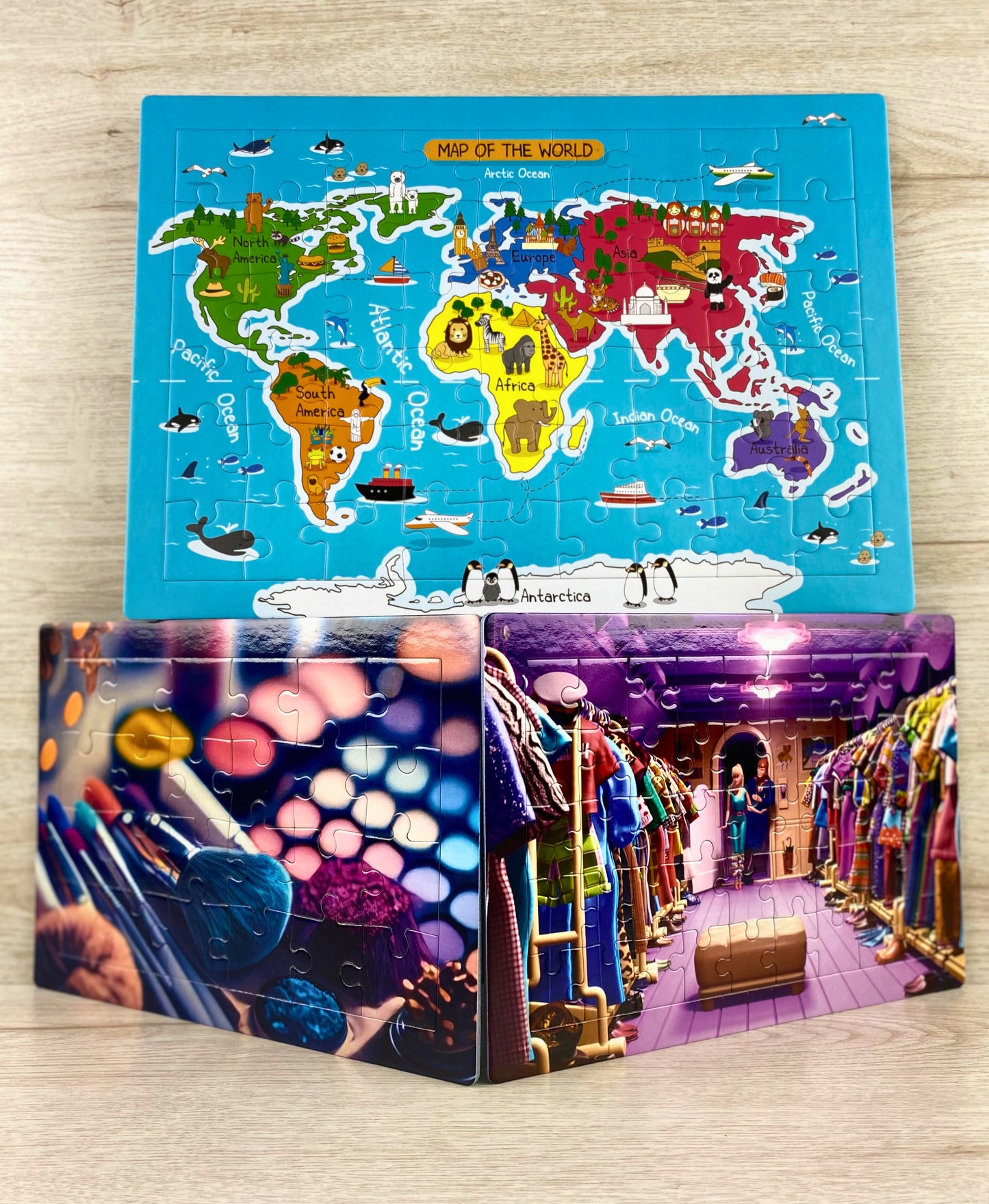 Set of 3 Tray Jigsaw Puzzles - World Map, Girls Cosmetics, Barbie Clothing Room.